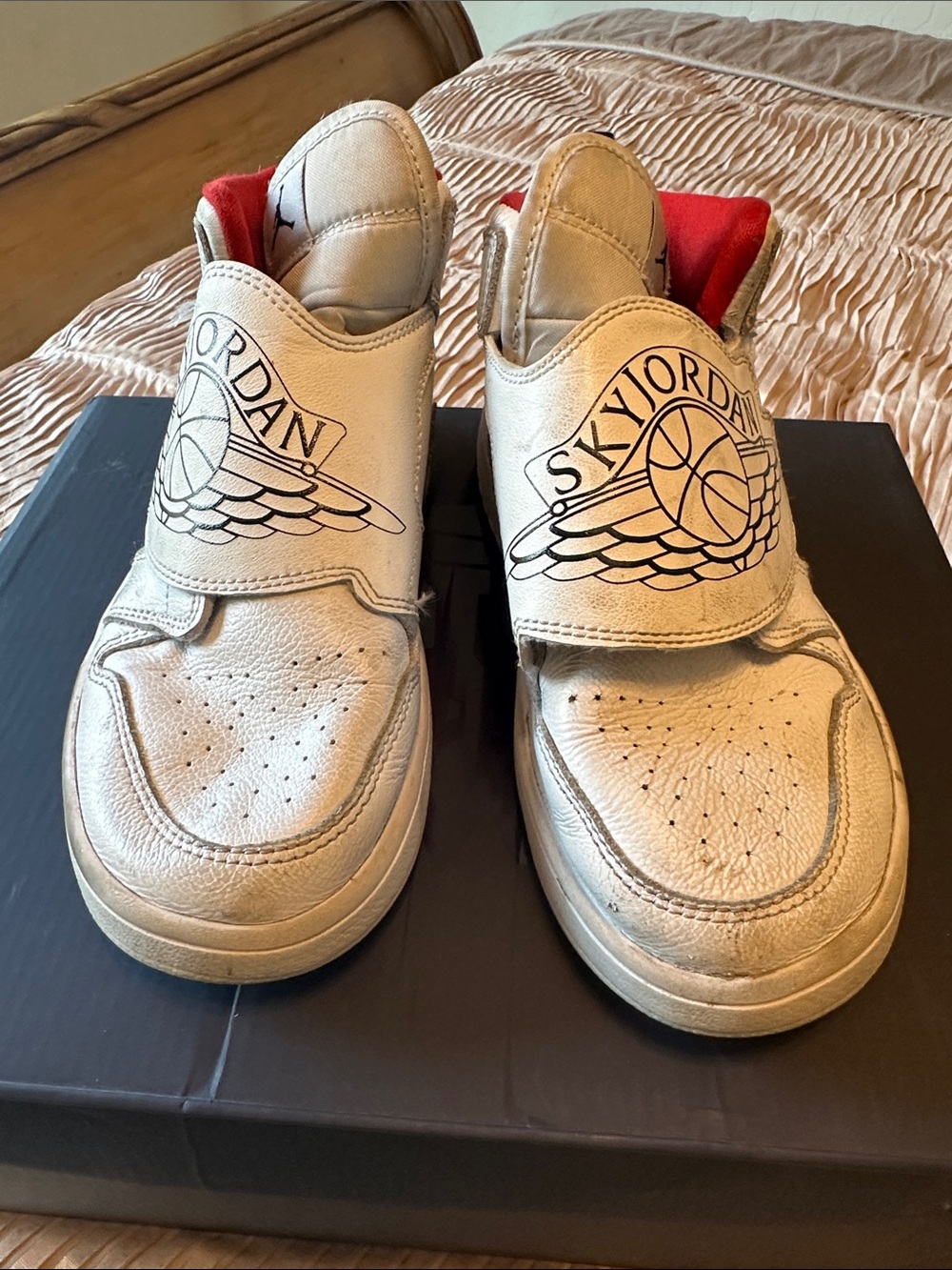 Kids White and Red Strap Jordan Sneakers